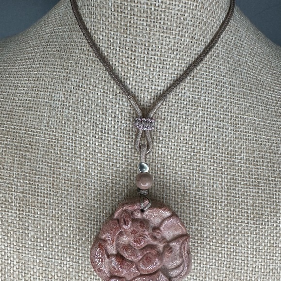 Pink Coral Fossil Sleeping Nine Tail Fox Pendant Necklace; Adjustable Rope - Picture 3 of 16